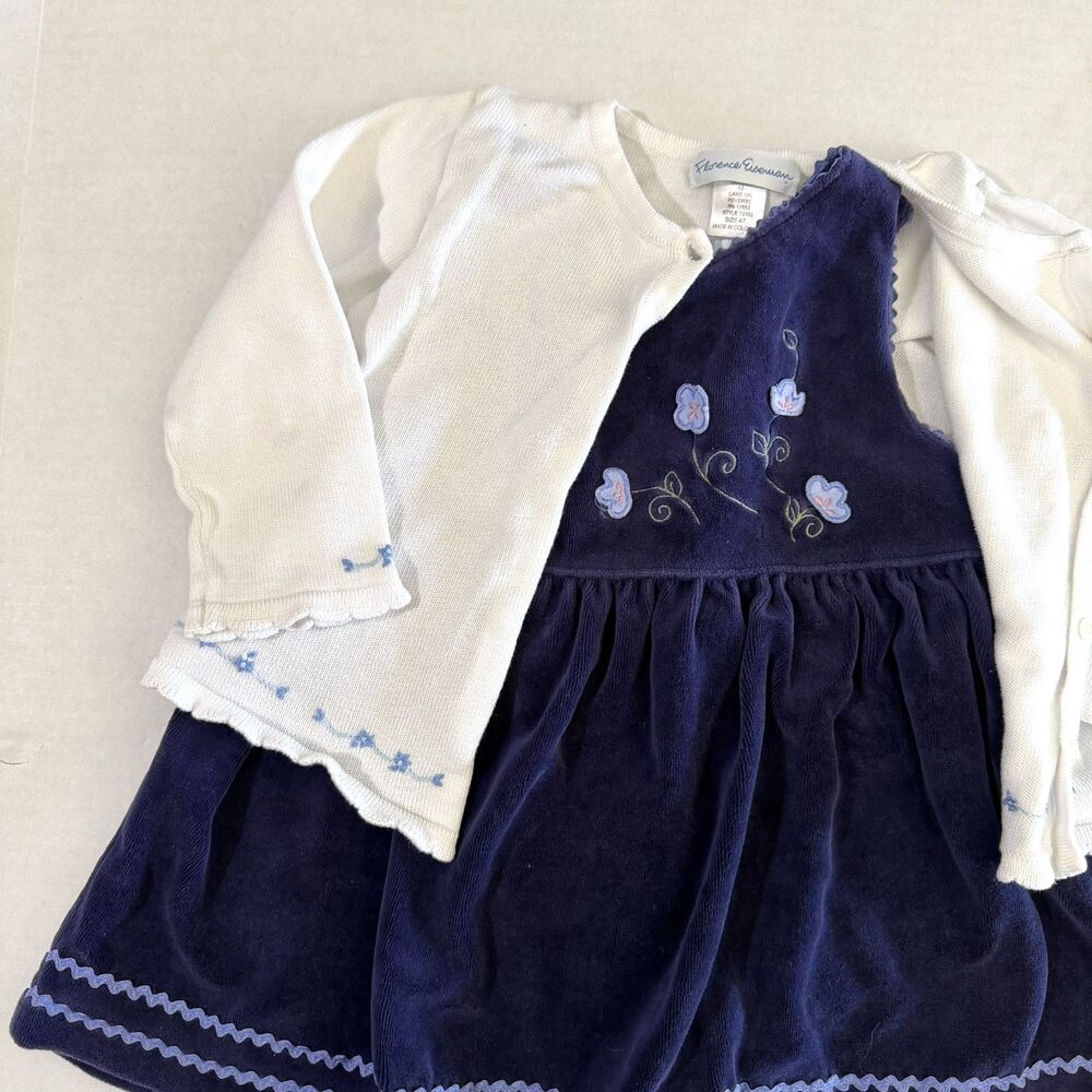 Y2K Girls Purple Flower Applique Velvet Dress & White Embroidered Cardigan, 24m